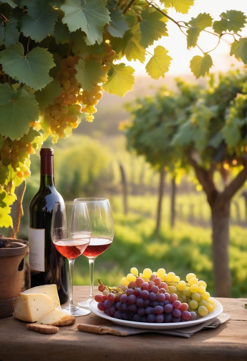 A rich vineyard landscape during golden hour, showcasing lush, hairy vines with vibrant grapes. In the foreground, a glass of exquisite wine reflects the warm sunset hues, while playful bubbles rise inside. Scattered wine bottles and a cheese platter enhance the scene, inviting viewers to indulge. The atmosphere radiates joy and warmth, with soft light filtering through the leaves creating a magical ambiance. painting. vibrant colors. dreamy atmosphere.