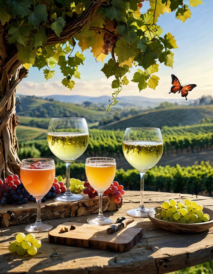 A whimsical vineyard scene featuring gnarled hairy vines adorned with vibrant grapes, basking in golden sunlight. In the foreground, a rustic wooden table is set with cheerful beverage glasses, overflowing with colorful cocktails and sparkling wine. Incorporate playful elements like butterflies and bees buzzing around the vines, emphasizing a joyful atmosphere. Enchanting landscape with rolling hills in the background. vibrant colors. super-realistic.