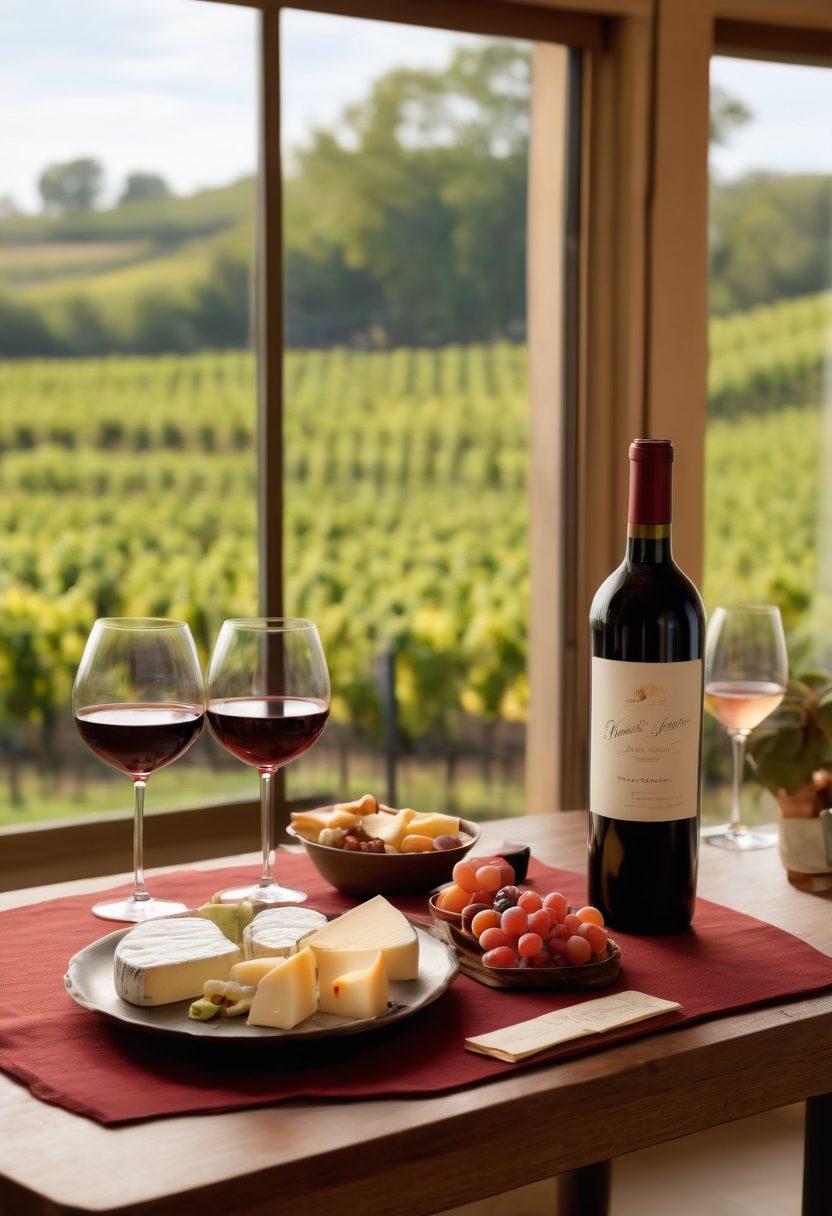 A cozy, elegantly set wine tasting table under soft ambient lighting, adorned with various wine bottles and glasses, featuring rich red, white, and rosé wines. Include delicate cheese platters, fresh fruits, and handwritten tasting notes scattered around for a personal touch. In the background, hints of a vineyard can be seen through an open window, creating an inviting atmosphere for wine lovers. super-realistic. warm colors. soft focus.